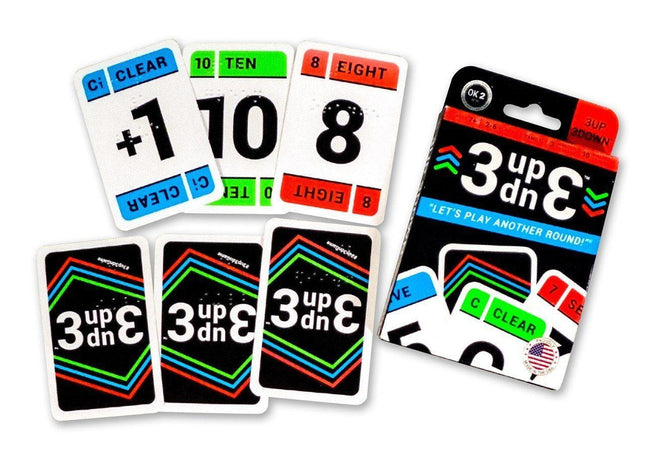Braille card game for low vision featuring tactile cards from 3 up 3 Down for ages 7 and up.