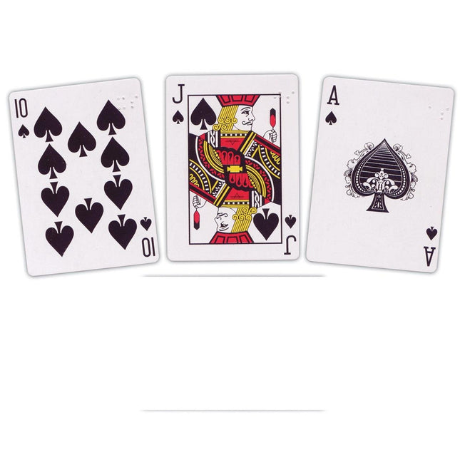 Image of jumbo print Braille playing cards showing 10 of spades, jack of spades, and ace of spades.
