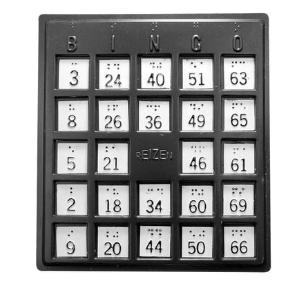 Braille Plastic Bingo Boards, easy-to-use bingo cards for low vision players, measuring 8 1/4 X 8 1/4 inches.