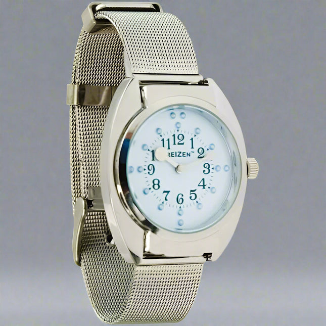 unisex braille watch with chrome polished case, tactile braille dots, blue analog face and adjustable stainless steel mesh band