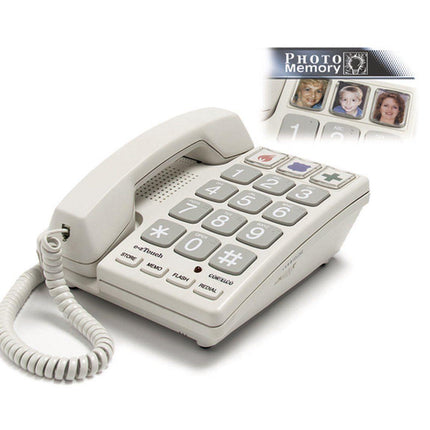 Brailled number big button corded telephone featuring large buttons and photo memory options.