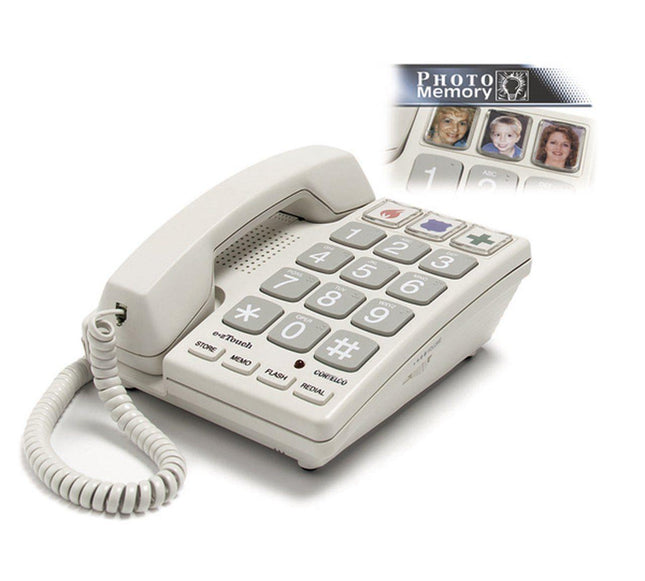 Brailled number big button corded telephone featuring large buttons and photo memory options.