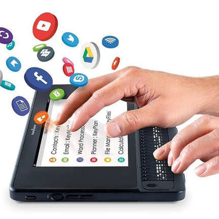 Braille notetaker with 32-cell display featuring hands inputting data and access to various apps.
