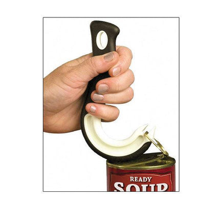 Person using a ring pull can opener to easily open a soup can with a non-slip grip handle.