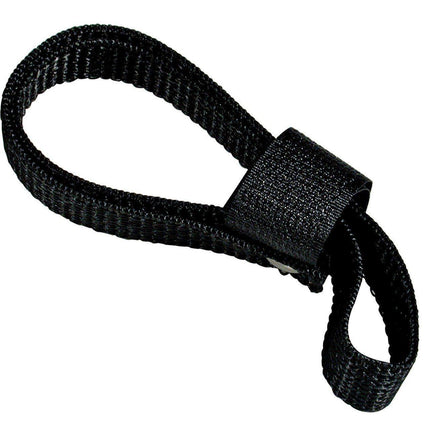 Black walking cane wrist strap featuring VELCRO and reg; fasteners and a soft webbing loop for easy attachment.