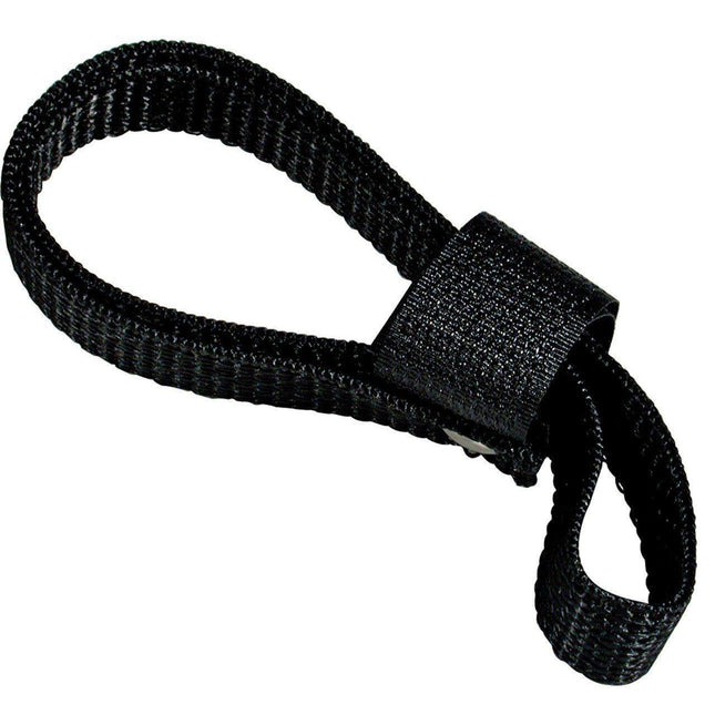 Black walking cane wrist strap featuring VELCRO and reg; fasteners and a soft webbing loop for easy attachment.