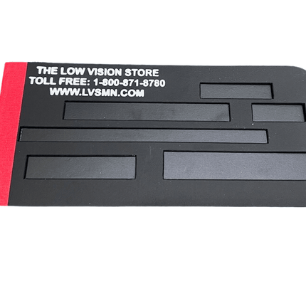Check writing guide for the blind, black check guide with red edge, designed to fit standard checkbooks.