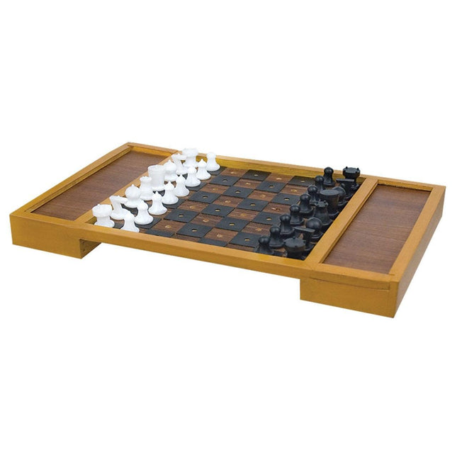 tactile chess set for blind players on a wooden board with tactile playing pieces