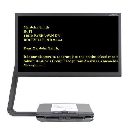 Display of the Optelec ClearView C desktop video magnifier for low vision showing large text on the screen.