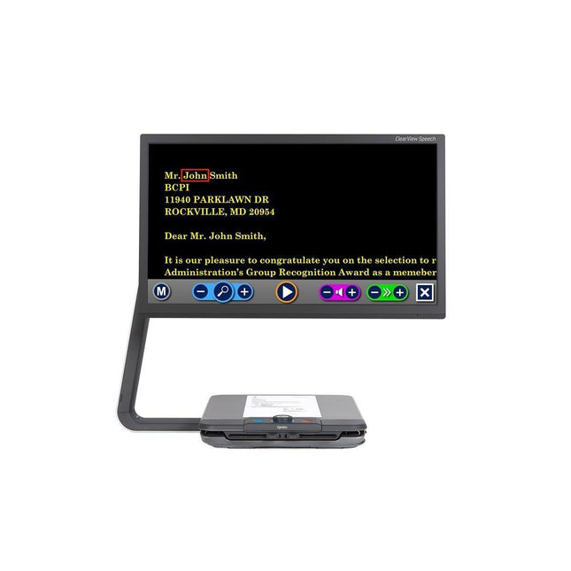 ClearView C desktop video magnifier for low vision displaying text with high contrast and easy-to-use controls.