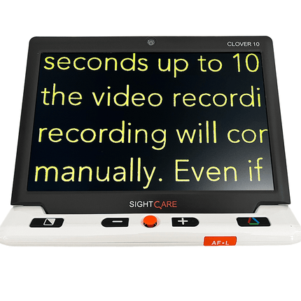 Clover 10 HD video magnifier displaying text with bright yellow letters on a black background.