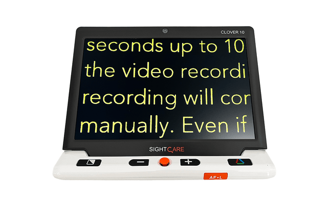 Clover 10 HD video magnifier displaying text with bright yellow letters on a black background.