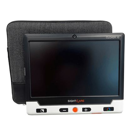 Clover 10 HD video magnifier with anti-glare matte display and optional assist stand.