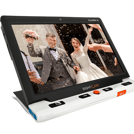 Clover 10 HD video magnifier with optional stand displaying a wedding scene on a 10 inch anti-glare screen.