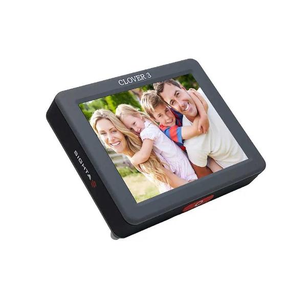 Clover 3 handheld video magnifier with a clear screen displaying a happy family, ideal for portable video magnifier use.