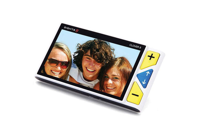 Clover 5 handheld video magnifier showing a colorful photo on its 5-inch screen, ideal for enhancing visibility.