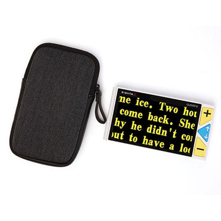 Clover 5 HD handheld video magnifier next to a protective case, displaying large text for easy reading.
