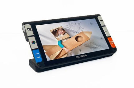 Clover 6 HD-Handheld Video Magnifier showcasing a child wearing a cardboard rocket costume.