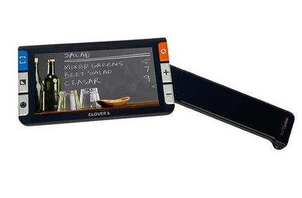 Clover 6 HD-Handheld Video Magnifier showcasing salad menu with clear visibility and easy controls.