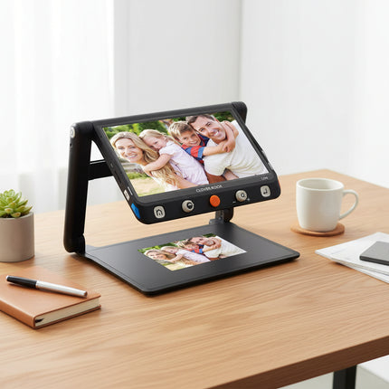 CloverBook LITE video magnifier displaying a family photo, showcasing its portable and user-friendly design.
