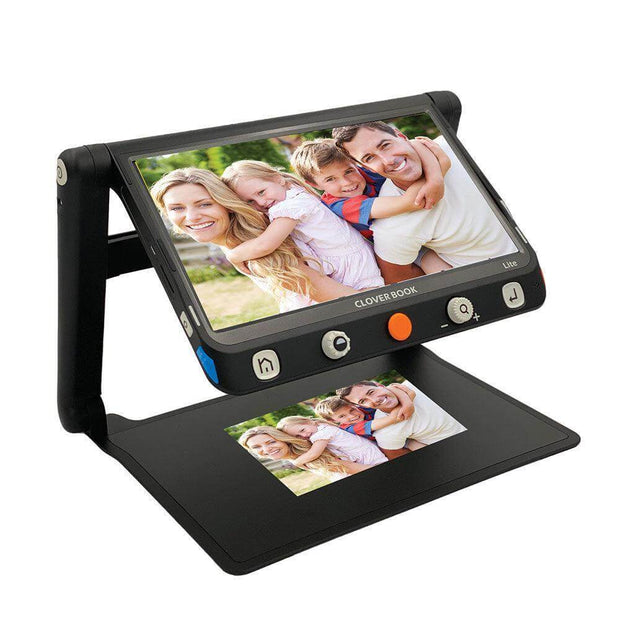 CloverBook LITE video magnifier displaying a family photo, showcasing its portable and user-friendly design.