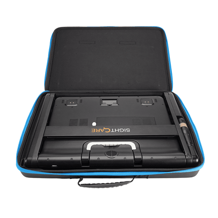 Portable video magnifier with distance viewing in a compact carrying case.