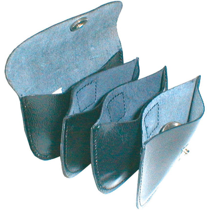 Accordion coin purse with four compartments for organizing change, designed to snap closed.