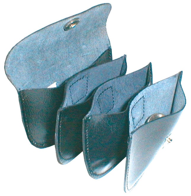 Accordion coin purse with four compartments for organizing change, designed to snap closed.