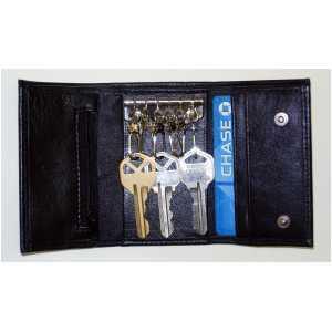 soft black leather mini wallet opened showcasing keys and card holder.