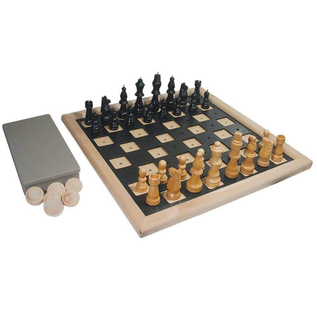 Deluxe Chess and Checkers Set featuring a wooden board and unique pieces for chess and checkers.