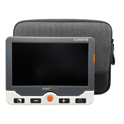 Used Clover 7 video magnifier with 7-inch display and carrying case for magnifying documents.