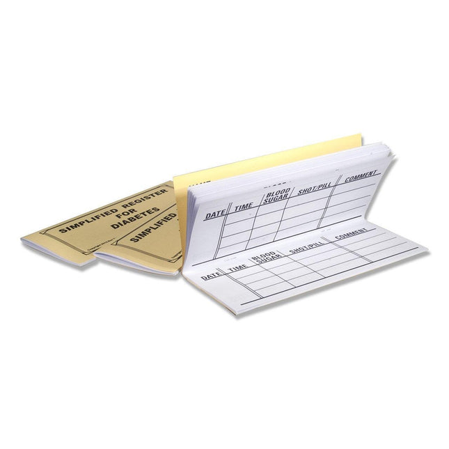 Large print diabetes register featuring 34 pages for recording blood sugar, meals, and medications.
