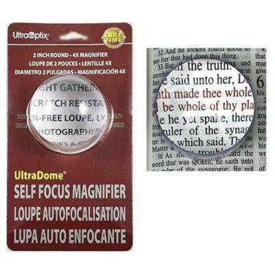 2 inch dome magnifier with 4X power enhancing text clarity in a detailed product packaging image.