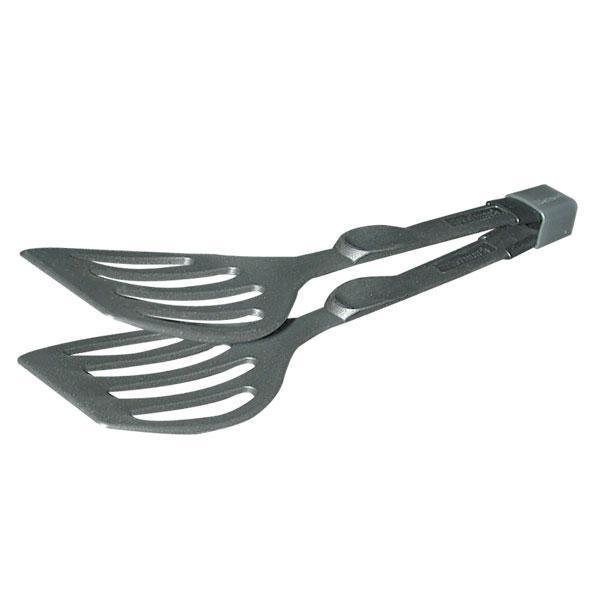 Double spatula kitchen tongs for easy cooking and serving of various foods.