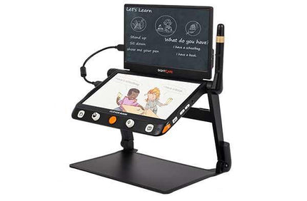 Extra 12.5" Clover Book external screen attached to a tablet stand for enhanced learning.