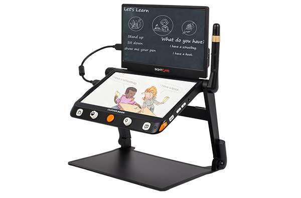 Extra 12.5" Clover Book external screen attached to a tablet stand for enhanced learning.