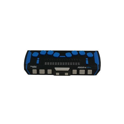 Focus 14 Blue Braille Display showing its rugged design and advanced features for active users.