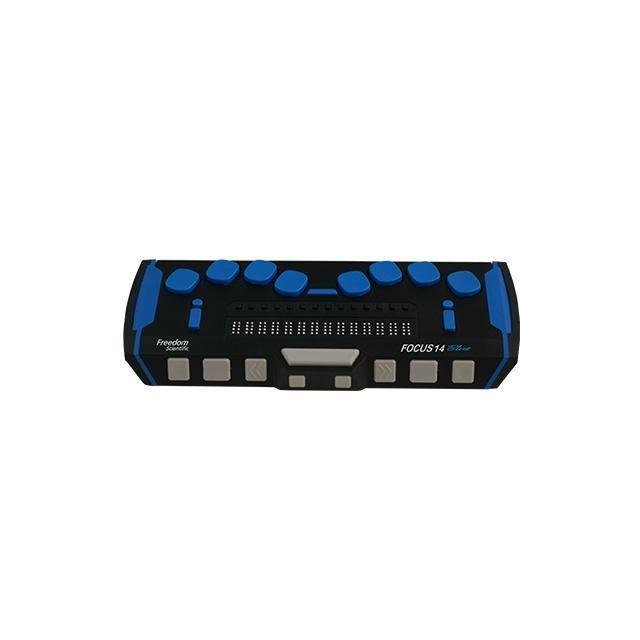 Focus 14 Blue Braille Display showing its rugged design and advanced features for active users.
