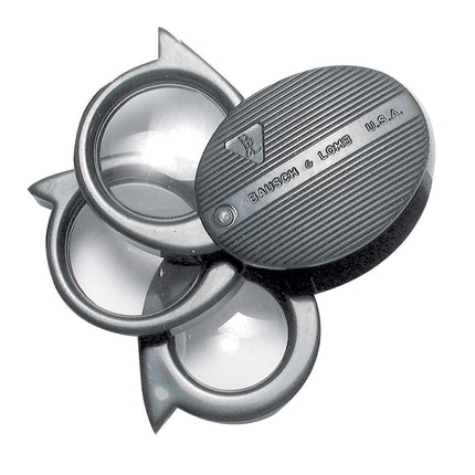 Folding pocket magnifier with three lenses providing 4x to 12x magnification for close-up viewing.