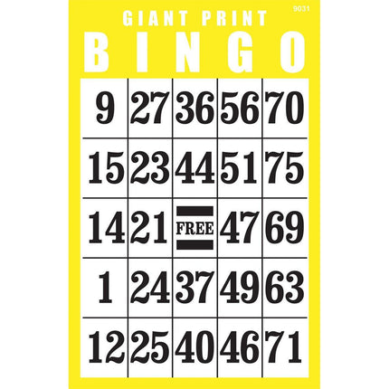 Giant Print Bingo Cards featuring oversized numbers for easy visibility during gameplay.