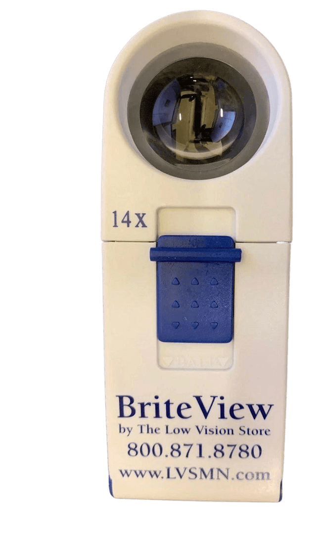 BriteView 14X hand-held magnifier designed for low vision, showcasing ergonomic design and user-friendly features.