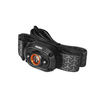NEBO Mycro rechargeable headlamp with 400 lumens on a black strap, designed for hands-free illumination.