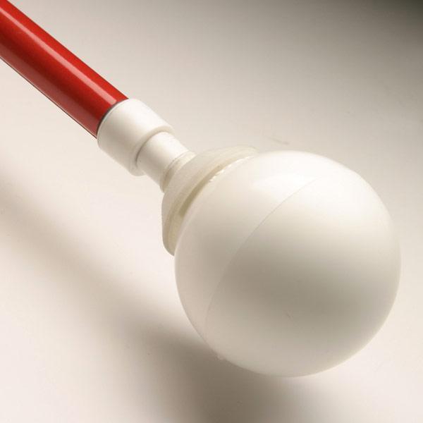 Hook On Rolling Ball Tip for low vision mounted on a red cane with a smooth white ball design.