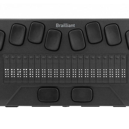 Humanware Brailliant BI 20X braille display top view showcasing braille cells and control buttons.