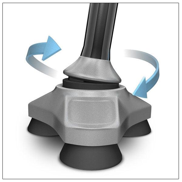 Bottom view of the HurryCane all terrain folding cane showing its 360-degree pivoting head for maneuverability.