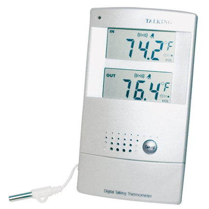 Indoor-Outdoor Digital Thermometer for the visually impaired with LCD display and alarm features.