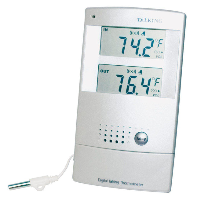Indoor-Outdoor Digital Thermometer for the visually impaired with LCD display and alarm features.