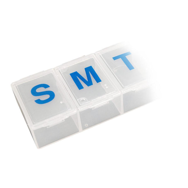 braille pill organizer with transparent compartments and blue labeled days of the week