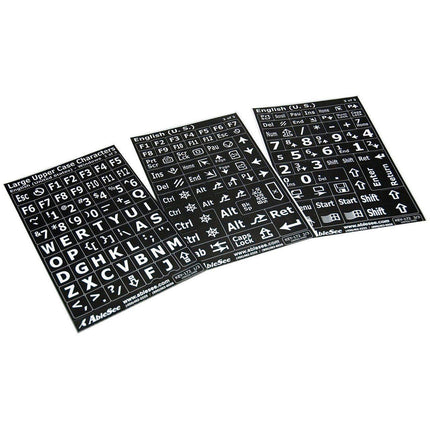 black keyboard labels for low vision with large white uppercase characters on black background.