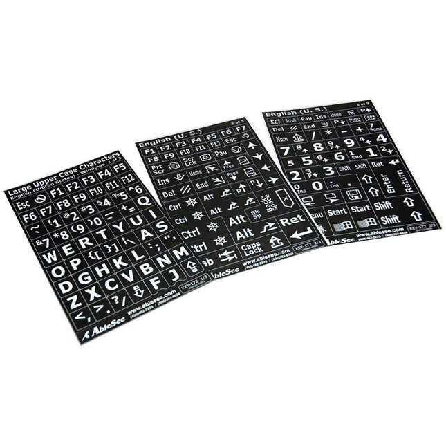 black keyboard labels for low vision with large white uppercase characters on black background.